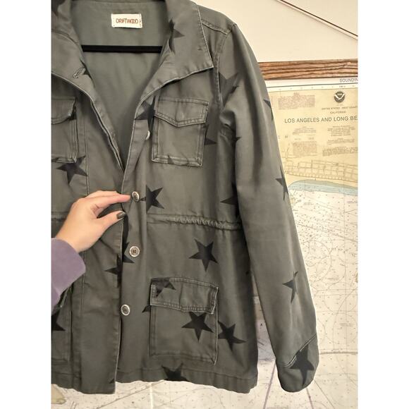 Driftwood Military Jacket Womens Medium Green Stars Utility Pockets Sundance L - Picture 5 of 10